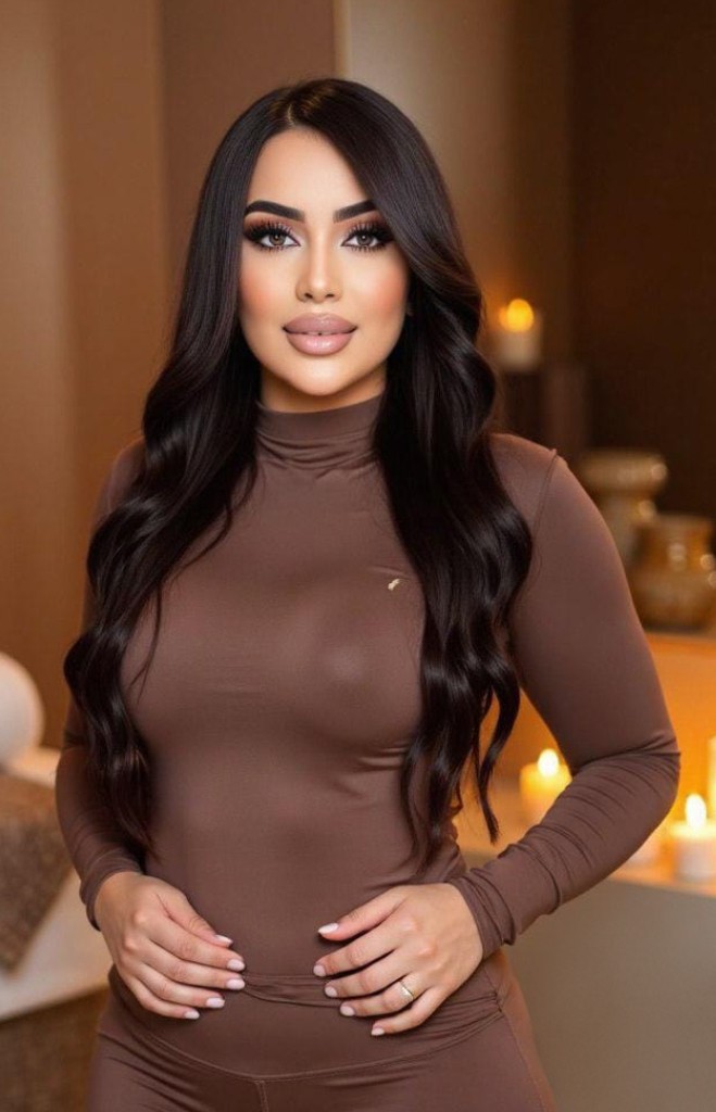 Dark-haired massage therapist in a brown uniform against the backdrop of a cozy interior