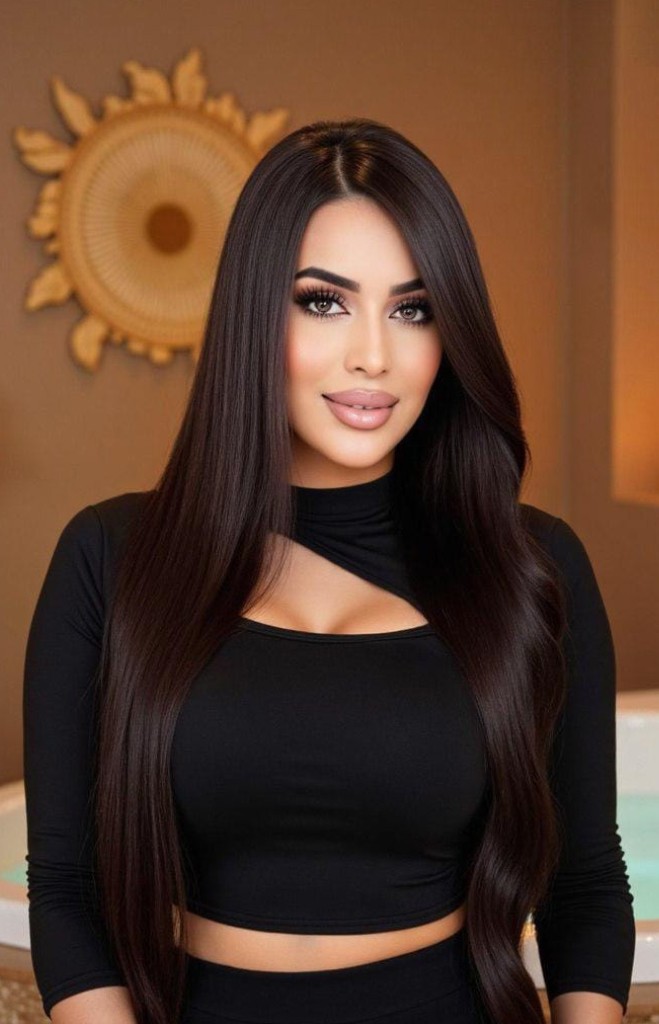 Brown-eyed brunette massage therapist in front of a massage parlor