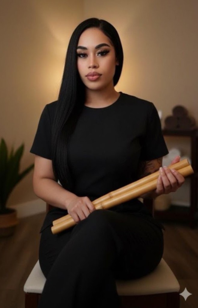 Dark-haired girl, massage therapist with bamboo sticks